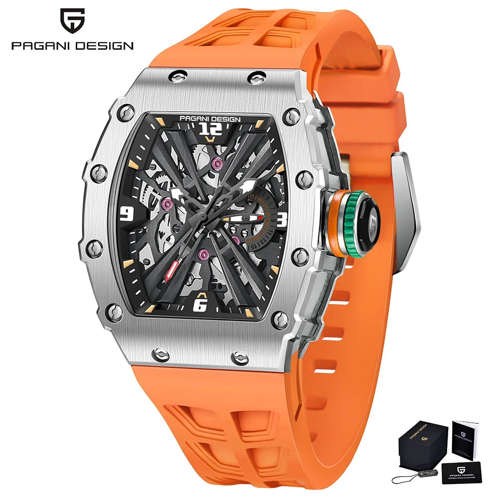2026 Neue PAGANI DESIGN Herren-Quarzuhr VH65-Uhrwerk, Skeleton-Zifferblatt, 100M wasserdicht, sportliche rechteckige Uhr mit Saphirglas für Herren