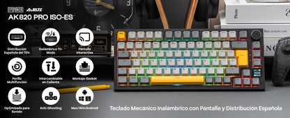 Layout ISO-ES EPOMAKER X AJAZZ AK820 PRO 75% spagnolo, tastiera meccanica cablata/2.4GHz/BT con schermo e manopola per PC/Mac