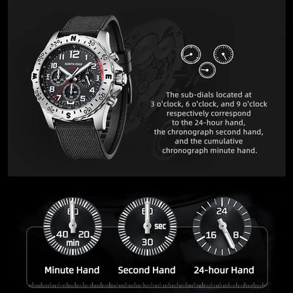 NORTH EDGE Men's Watches Solar Power 316 Stainless Steel Case Quartz Watch for Men Pilot Waterproof 50M Stopwatch
