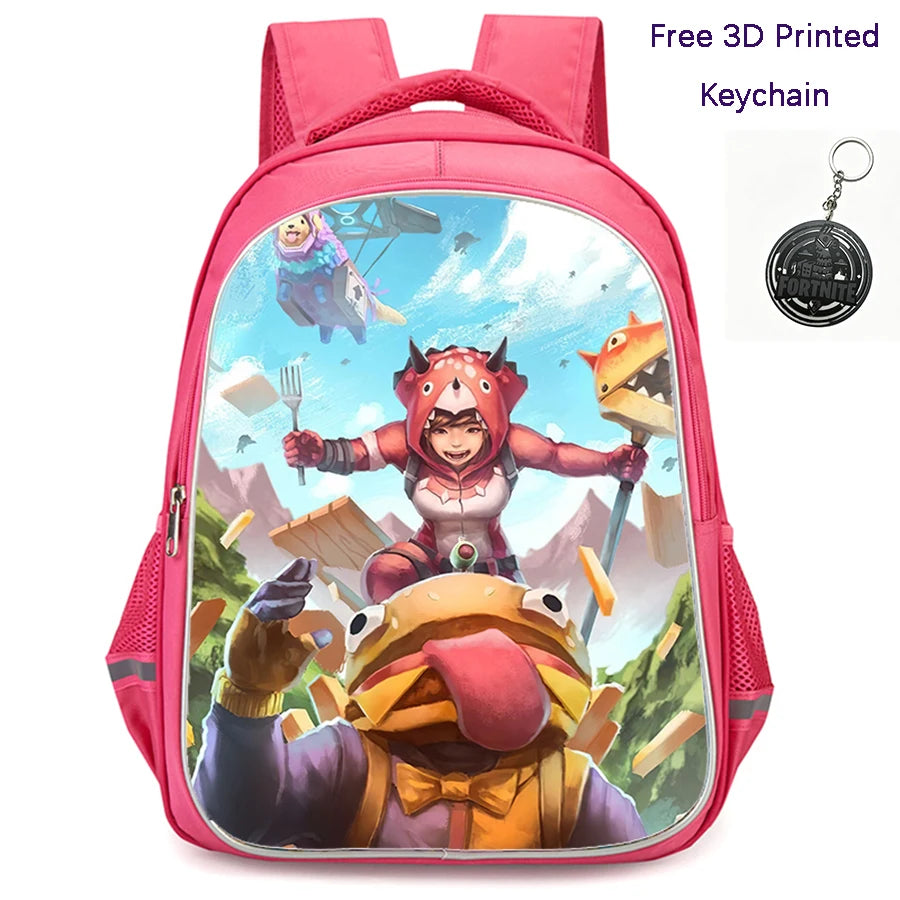 FORTNITE 16-inch Durable Lightweight Backpack, Dual Zipper Pockets, Cartoon Style for Boys & Girls 6-10,Free 3D Printed Keychain