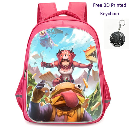 FORTNITE 16-inch Durable Lightweight Backpack, Dual Zipper Pockets, Cartoon Style for Boys & Girls 6-10,Free 3D Printed Keychain