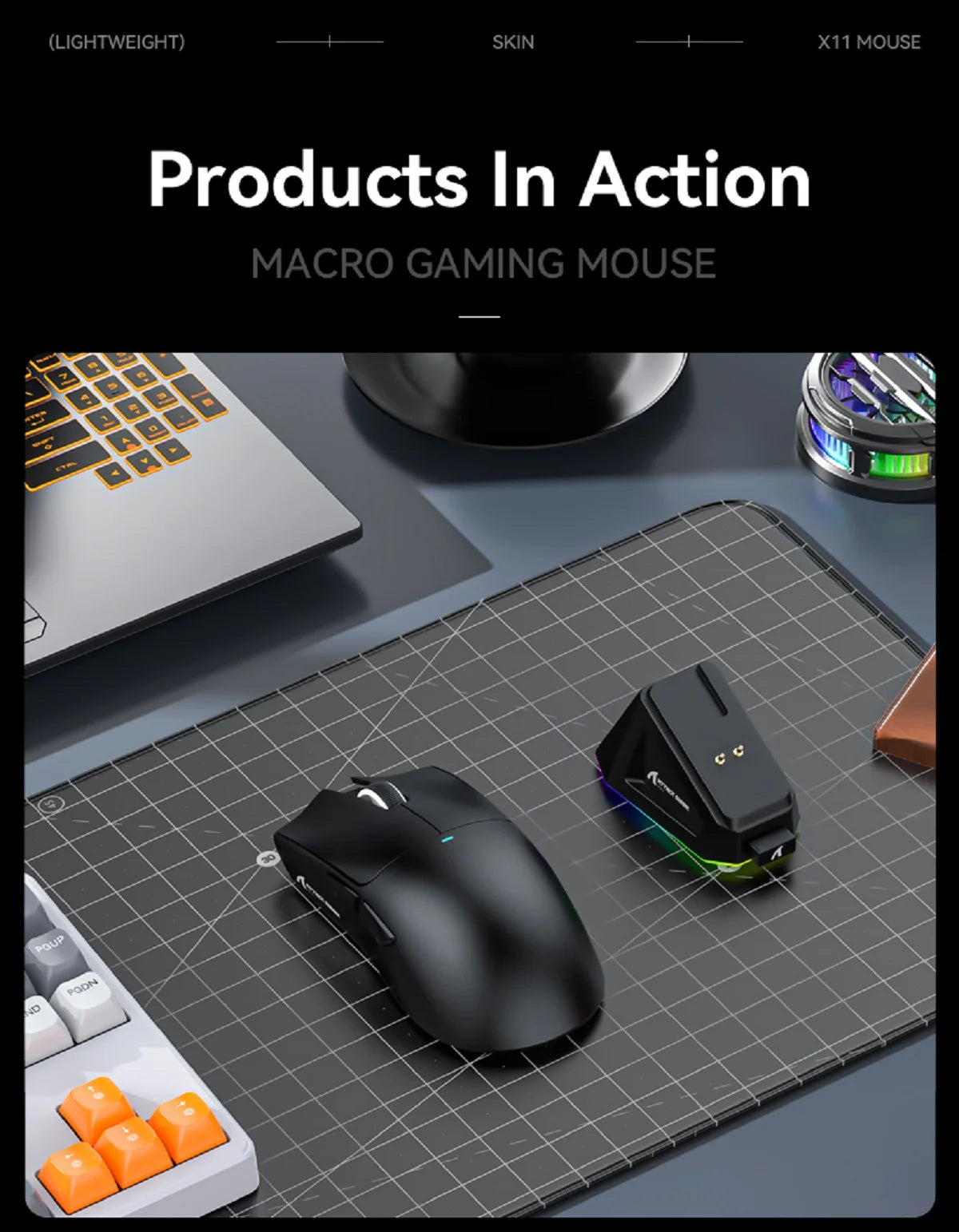 Attack Shark X11&R1 třirežimová bezdrátová Bluetooth myš s nabíjecí základnou, RGB, ergonomická, lehká myš, příslušenství pro PC hráče