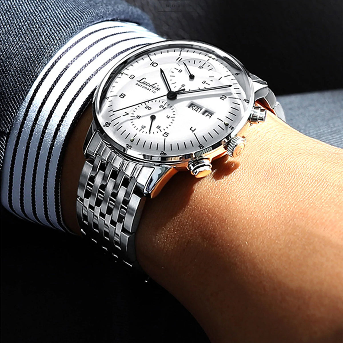 Men's Business Watch Mechanical Movement Multifunction Chronograph Stainless Steel Waterproof Automatic Calendar Sapphire