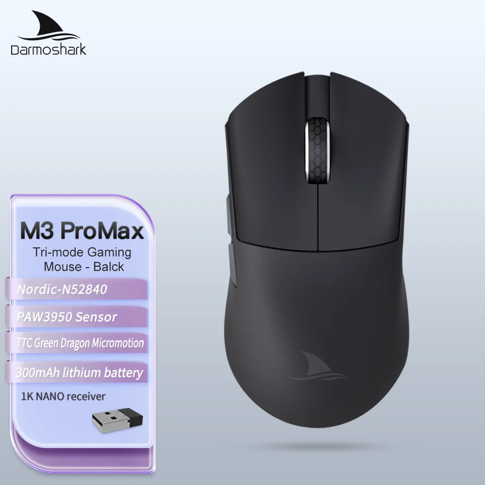Mouse da gaming Darmoshark M3Pro 2.4G BT wireless tri-mode, sensore PAW3395, N52840, 26000DPI, mouse con driver macro per mani grandi per il gaming