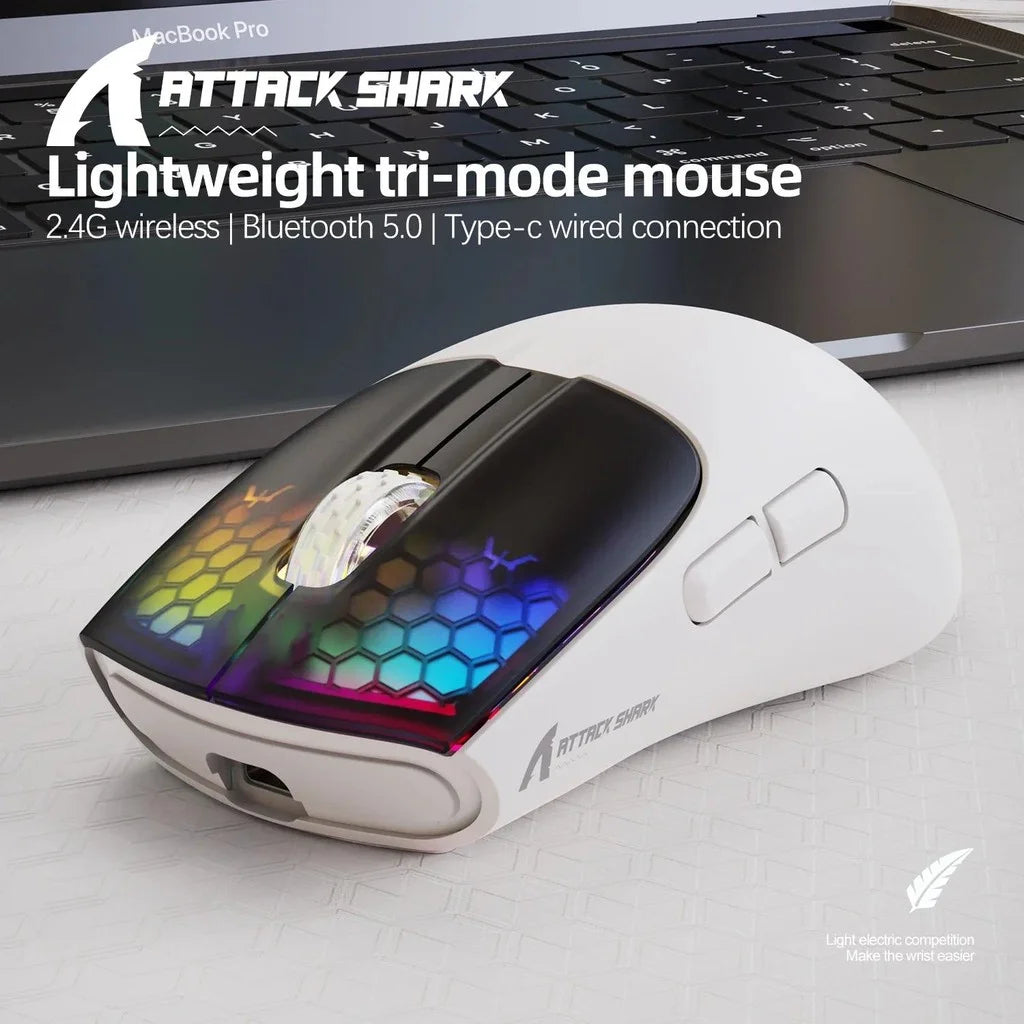 ATTACK SHARK X5 belaidė pelė, lengva, trijų režimų jungtis 2.4GHz / laidinė / Bluetooth, RGB makro žaidimų pelė