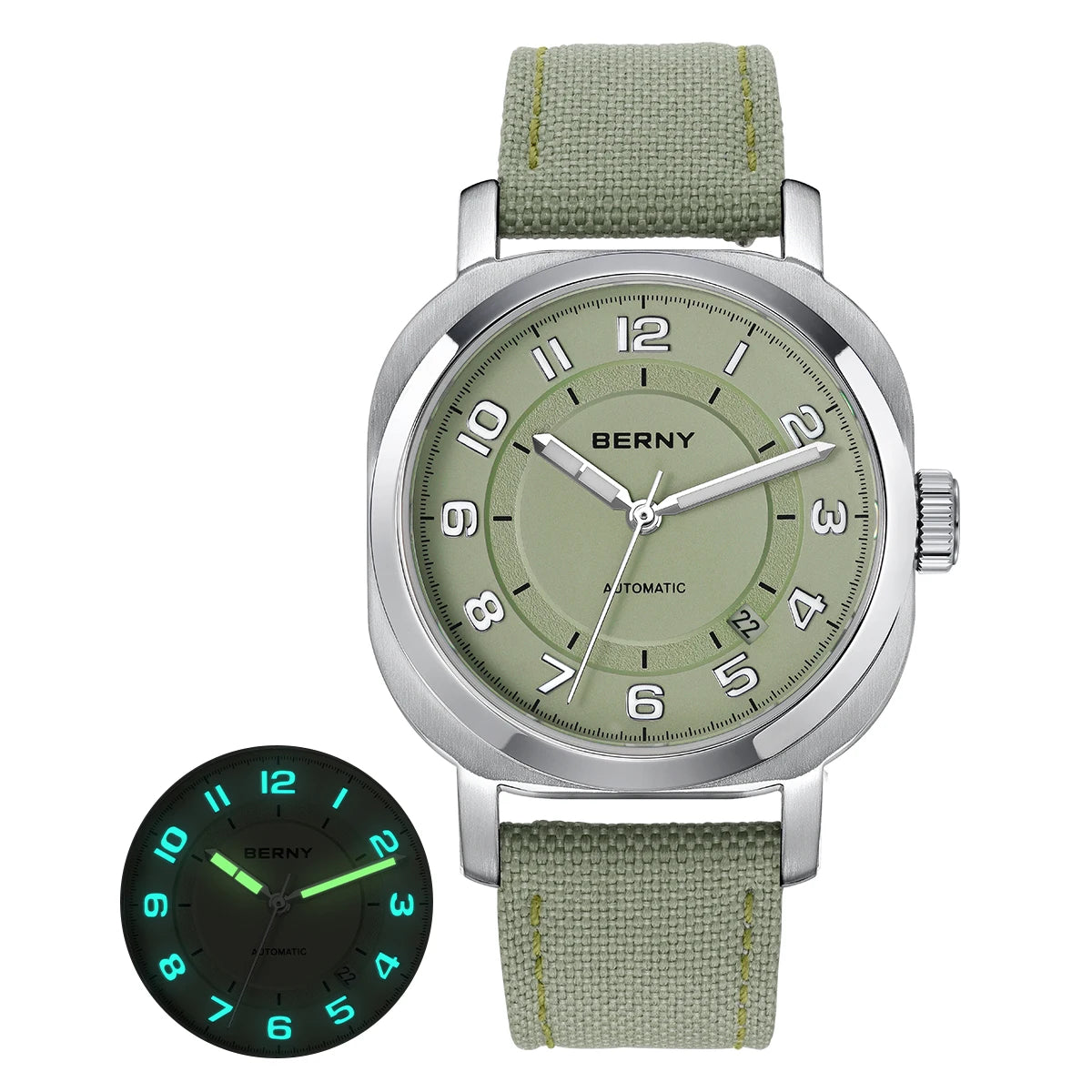 BERNY Mechanical Watch For Women Self-wind Pillow Cushion Sapphire Super Luminous Wristwatch Canvas Calendar Watch For Ladies
