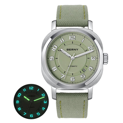 BERNY Mechanical Watch For Women Self-wind Pillow Cushion Sapphire Super Luminous Wristwatch Canvas Calendar Watch For Ladies