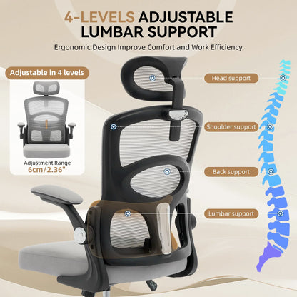 Ergonomic High-Back Mesh Chair Adjustable Headrest Lumbar Support 360° Swivel Rolling Computer Gaming Chairs for Home Office