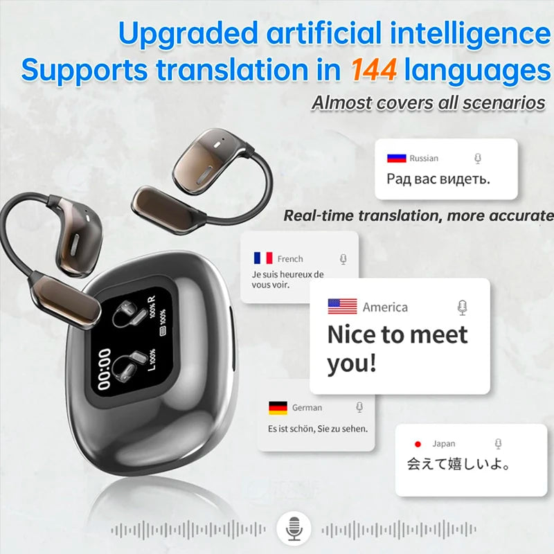 UYUXIO OWS AI Translation Earbuds with LCD Touch Screen, 144 Languages Real-Time Translator Earphones, Wireless Bluetooth Translating Headphones with Noise Cancellation