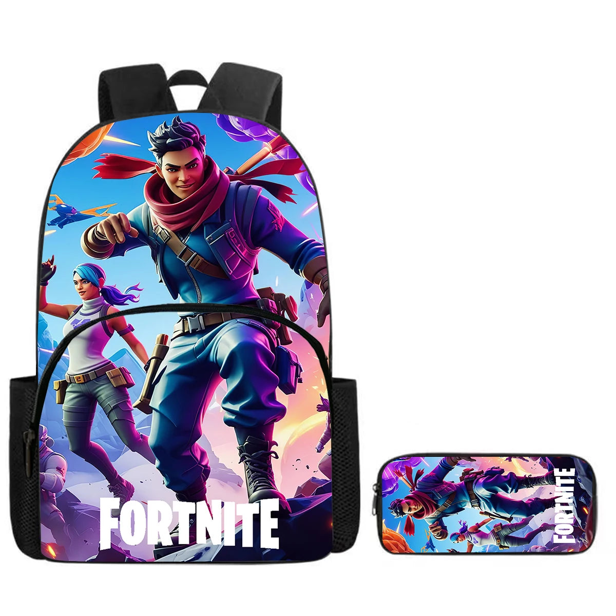 Fortnite Cartoon Backpack with Front Pocket & Pencil Case 2PCS - School Set for Boys Girls Age 5-8, Back to School Gift