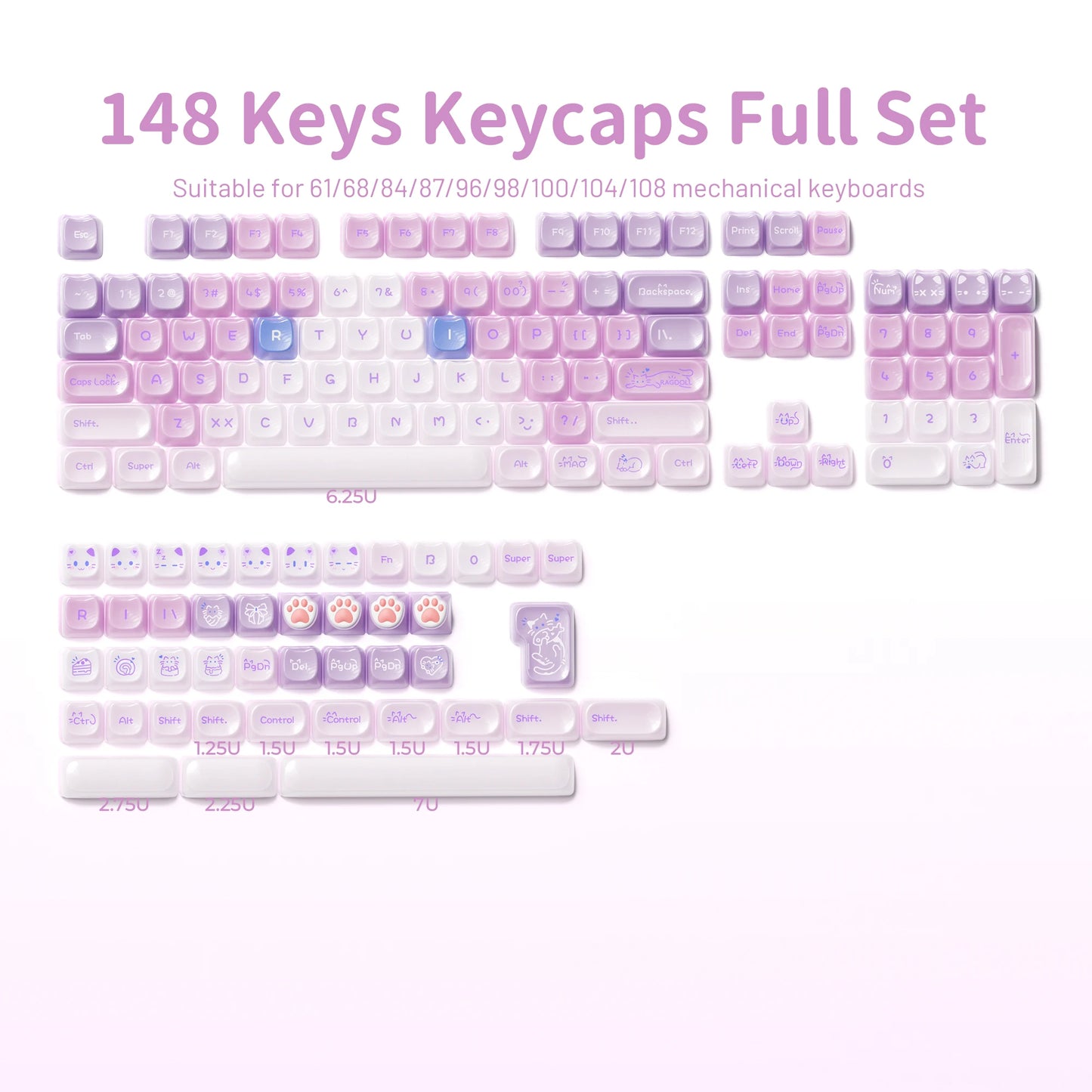 XVX 148 Keys Cat Theme Keycaps MAO Profile Key Cap Korean Glossy Cute Keycap for Keyboard 61 64 68 78 87 96 98 104 108