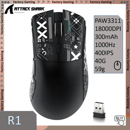 Mouse ultra-leggero ATTACK SHARK R1 59g con PAW3311, 18000DPI, 400IPS, 40G, 1000Hz, Tri-Mode, master Broadcom BK3633, 20 milioni di clic