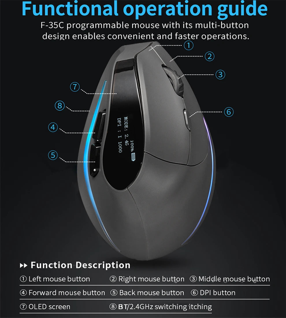 Rato vertical sem fios recarregável com ecrã — rato ergonómico gaming programável de 6 botões para jogador em desktop