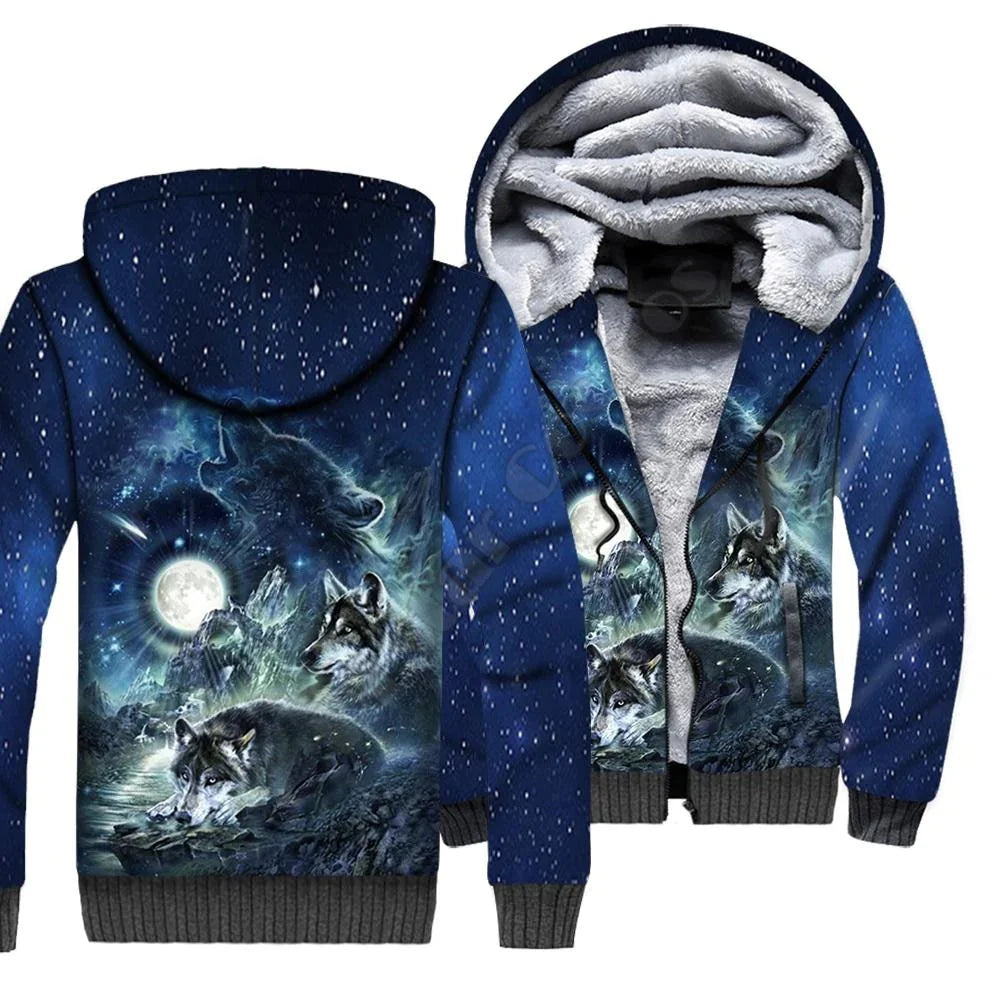Wolf Animal 3D Printed Fleece Zipper Hoodies for Men and Women Winter Warm Double Plus Velvet Jacket Cosplay Costumes JR09