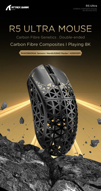 ATTACK SHARK R5 Ultra Carbon Fiber kabellose Gaming-Maus, PixArt PAW3950MAX Gaming-Sensor, 42000DPI, 8000Hz, MCU Nordic 52840