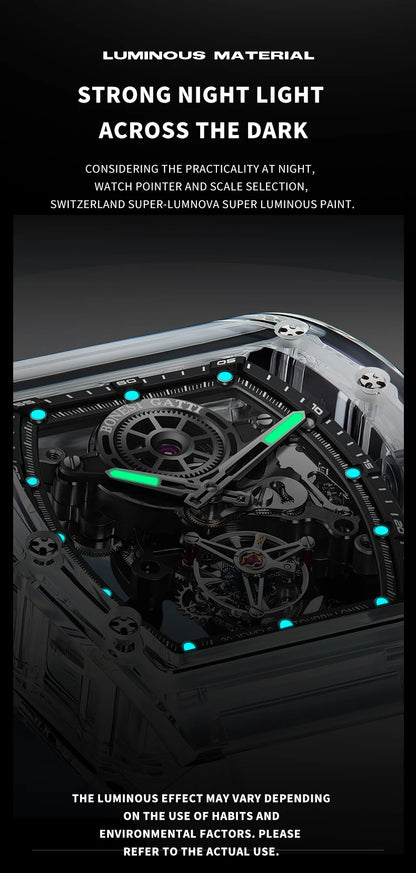 BONEST GATTI Luxury Men Automatic Tourbillon Watch Hollow Out Dial Crystal Case Sapphire Luminous Rubber Strap Wristwatch