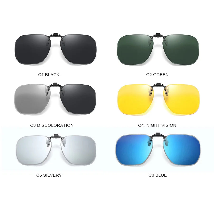 Clip On Flip Up Glasses Polarized Photochromic Sunglasses Lens Anti Glare UV400 Goggles Night Vision Yellow Driving Eyepiece