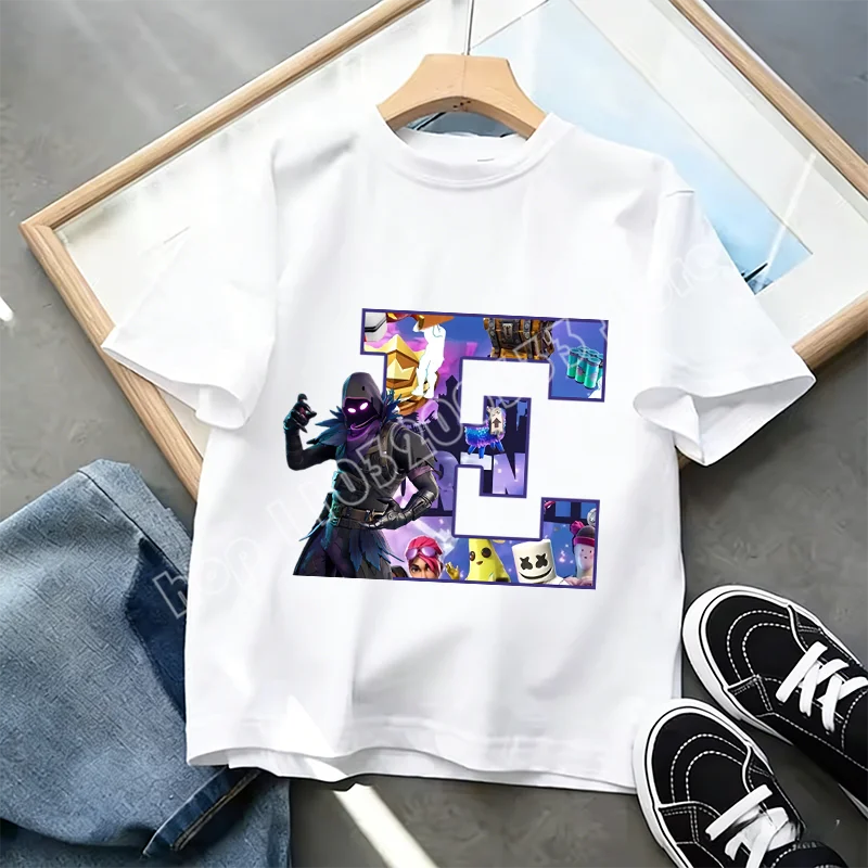 Fortnite A-Z Alphabet Print T-Shirt Summer Kids White Clothing Popular Cartoon Game T-Shirt Fashion Casual Short Sleeve Top Gift