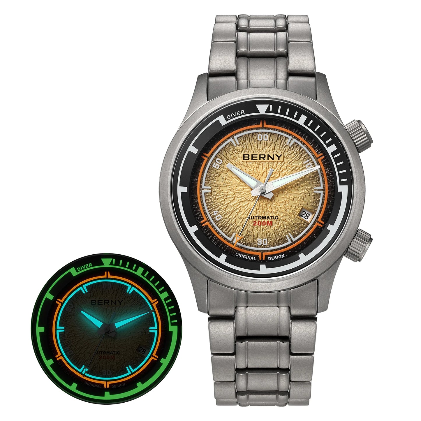 BERNY Automatic Diving Watches for Men Full Titanium Lightweight Super Luminous Mechanical Men's Diver Watch 20ATM Sapphire