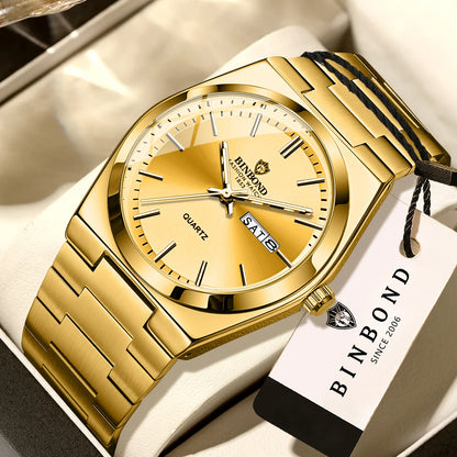 Montre-bracelet à quartz de luxe BINBOND, lumineuse, étanche, jour de la semaine, date automatique, bracelet en acier, style business, sport, mode et décontracté.