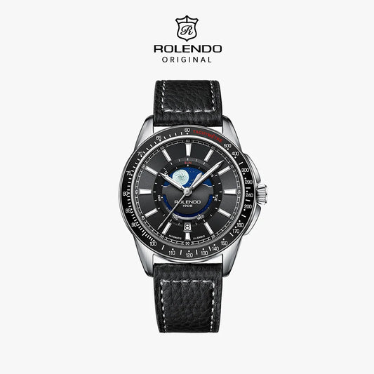 ROLENDO 1908 Men Automatic Mechanical Watch 21 Jewels Black Genuine Leather Business Wristwatch Waterproof Luxury Male Timepiece