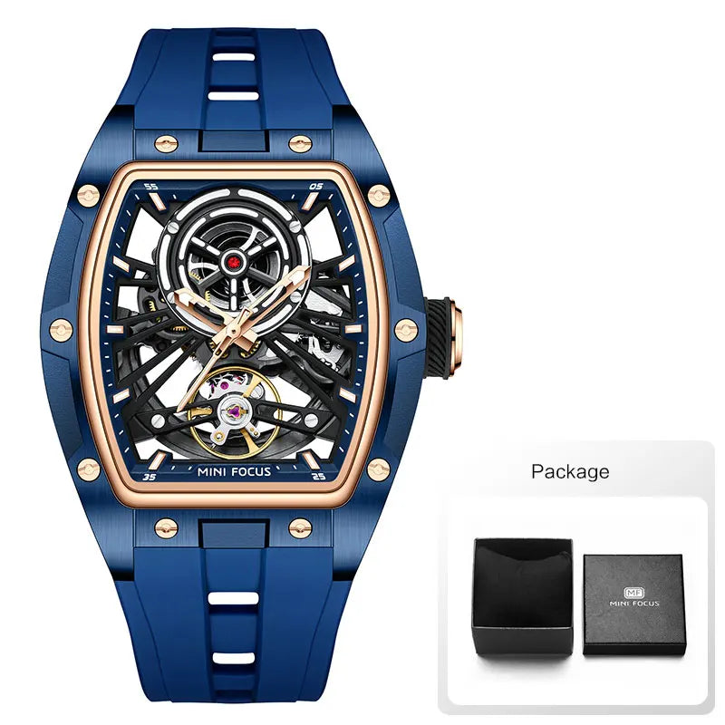 MINI FOCUS Orologio da polso da uomo fashion nero impermeabile, automatico meccanico, con lancette luminose, cinturino in silicone e quadrante tonneau
