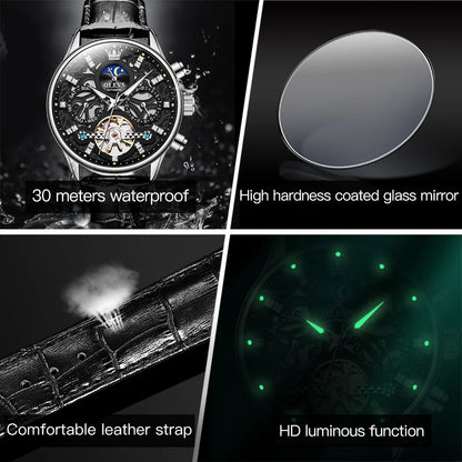 OLEVS 6658 Automatic Mechanical Watch for Man Leather Strap Waterproof Moon Phase Business Dress Men's Watches