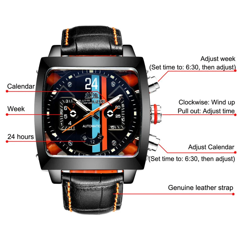 Original Brand Watches For Men Luxury Design Square Mechanical Watch Men Leather Strap Waterproof Date Week Wristwatches Male