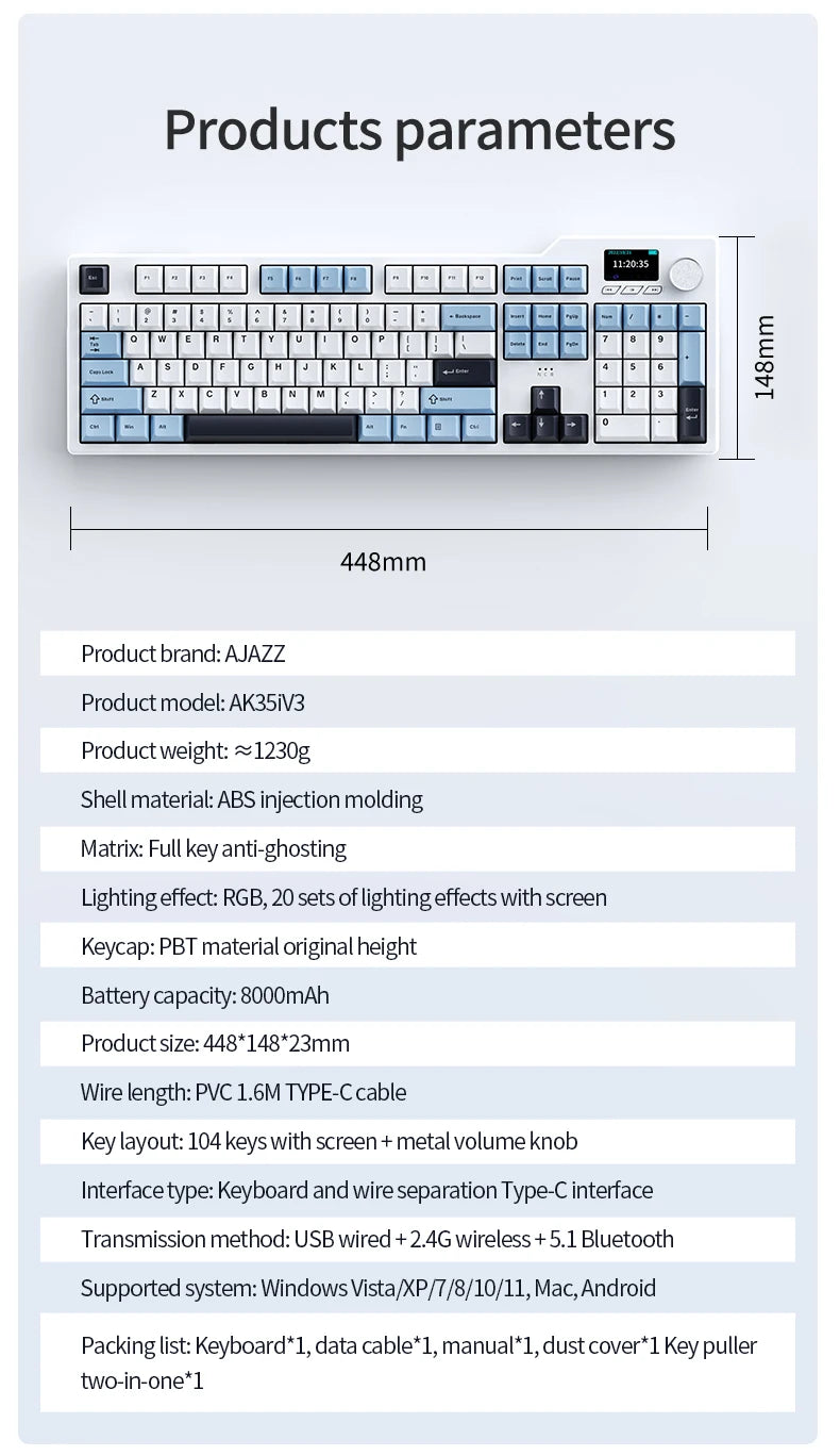 Ajazz AK35I V3 MAX 8000mAh battery Gaming mechanical keyboard Tri-mode Wired Bluetooth Wireless Hot-swappable TFT color screen