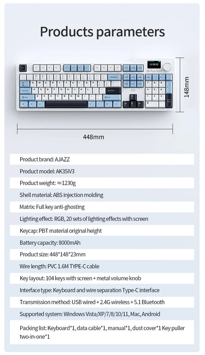 Ajazz AK35I V3 MAX 8000mAh battery Gaming mechanical keyboard Tri-mode Wired Bluetooth Wireless Hot-swappable TFT color screen