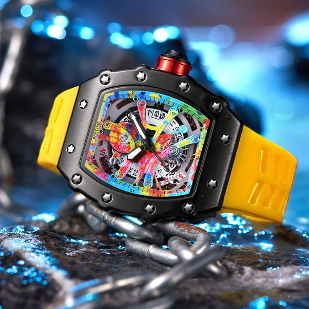 New Cool Men's Watches Luxury Fashion Silicone Tonneau Watch Skeleton Waterproof Quartz Wristwatches Clock Relogio Masculino