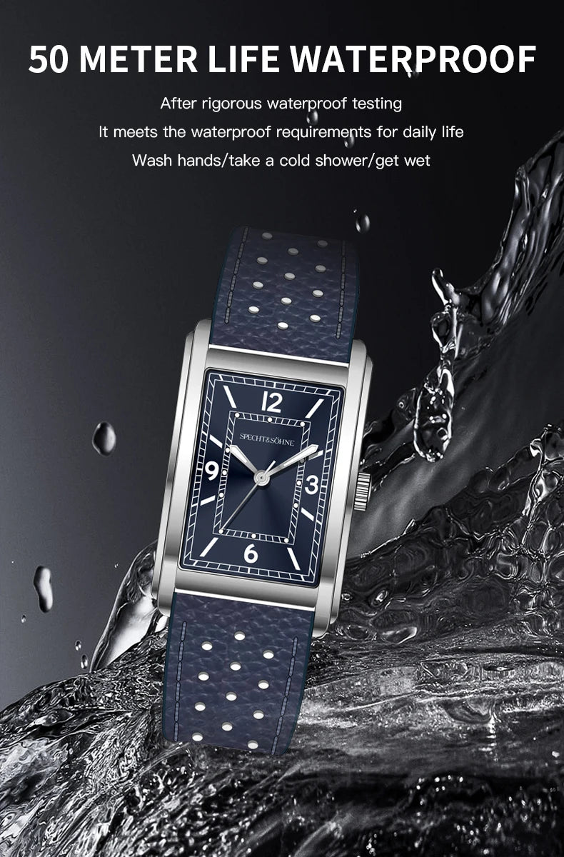 Specht & Söhne Neue modische 28MM quadratische Uhr für Herren, VH31-Uhrwerk, Sportuhr, blau, Edelstahl, Saphirglas, wasserdicht
