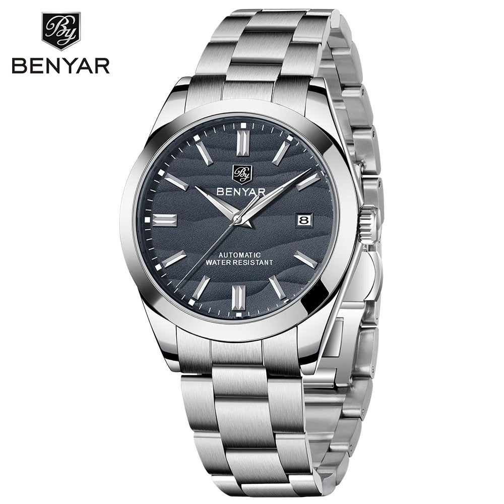 BENYAR luxury brand 40MM sand grain dial men's watch, stainless steel 50 meter waterproof automatic mechanical watch