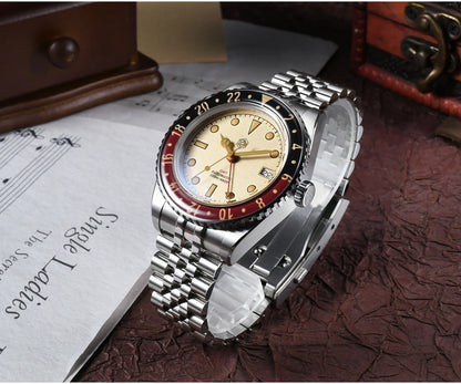 San Martin 40mm SN0005 Retro GMT NH34 Automatic Distressed Patina Dial Bi-color Sapphire Bezel Jubilee Mens Watches 20Bar Lume