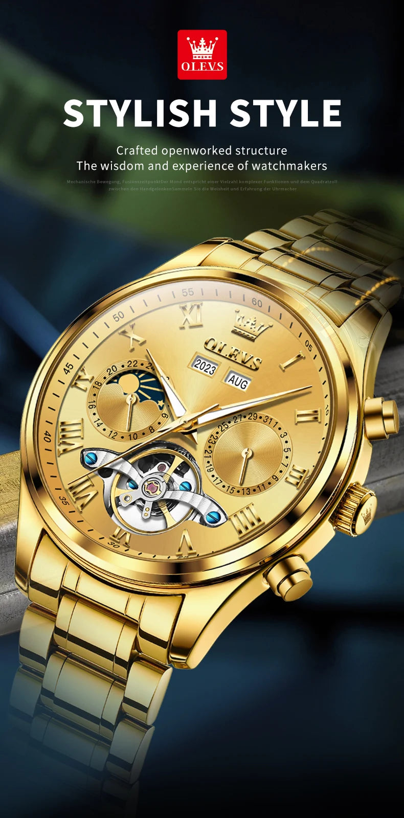 OLEVS 7005 Classic Business Mechanical Wristwatch for Men Skeleton Flywheel 24 Hour Moon Phase Calendar Luxury Men's Watch