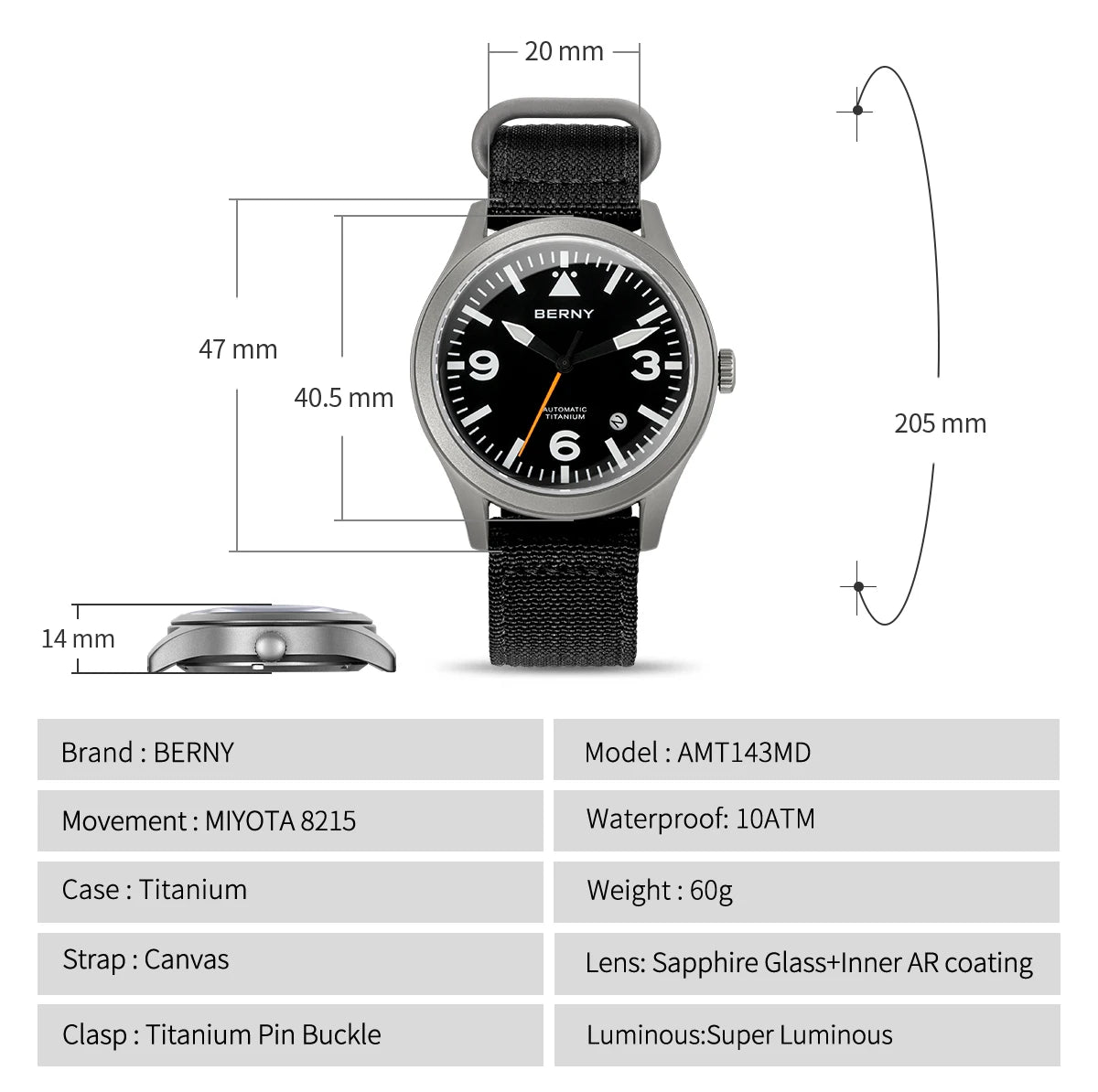 BERNY Full Titanium Automatic Watch for Men Sapphire AR Coated 10Bar Supper Luminous Men Wristwatch Sports Aviation Men Watches