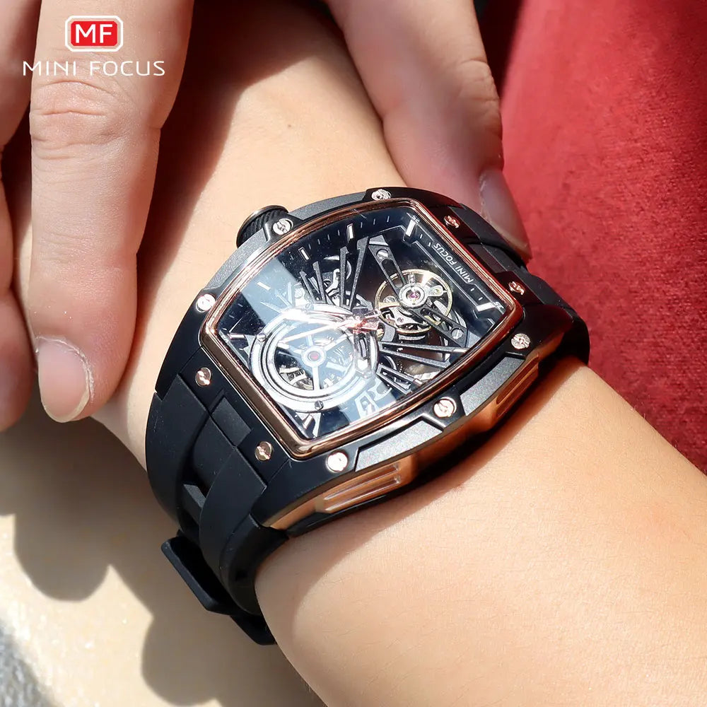 MINI FOCUS Orologio da polso da uomo fashion nero impermeabile, automatico meccanico, con lancette luminose, cinturino in silicone e quadrante tonneau