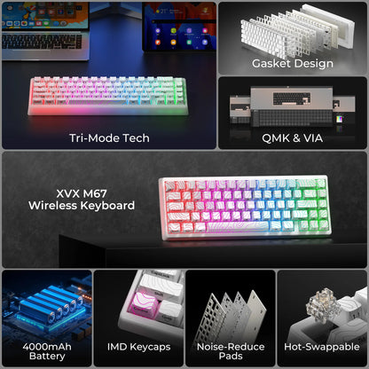 XVX M67 JadeStone Mechanical Keyboard With IMD-Tech Keycaps Hot Swappable Gasket Tri-Mode Custom RGB Wireless Keyboard 65%