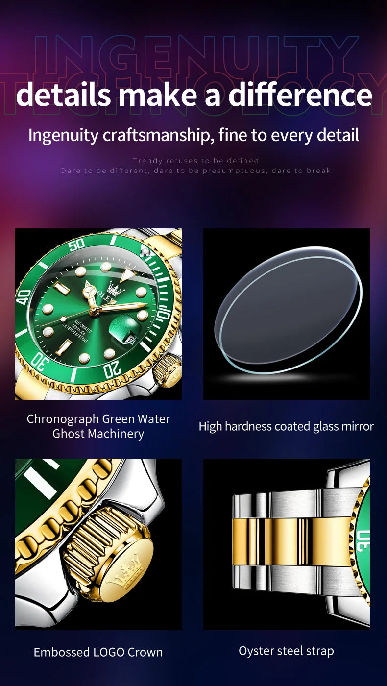 OLEVS Watches Man Fashion Luxury Automatic Mechanical Watch Waterproof Luminous Date Men's Watch Waterproof Luminous Box Gift