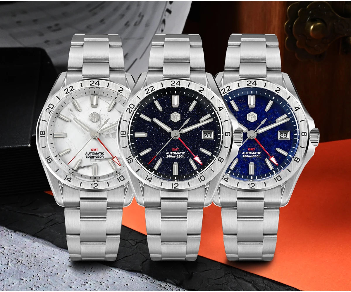 San Martin 39mm Aventurine Gemstone Dial Luxury Men's Watch NH34 GMT Automatic Mechanical Sapphire Waterproof Luminous SN0129