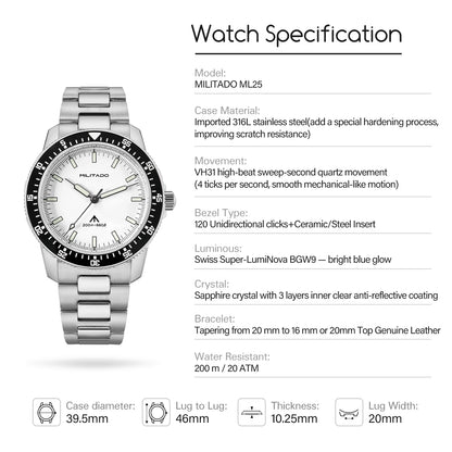 MILITADO ML25 VH31 Sweep Second Quartz Watch Men Swiss Ronda 515 Movement 200m Sapphire Crystal Ceramic Bezel 316L Steel Watches