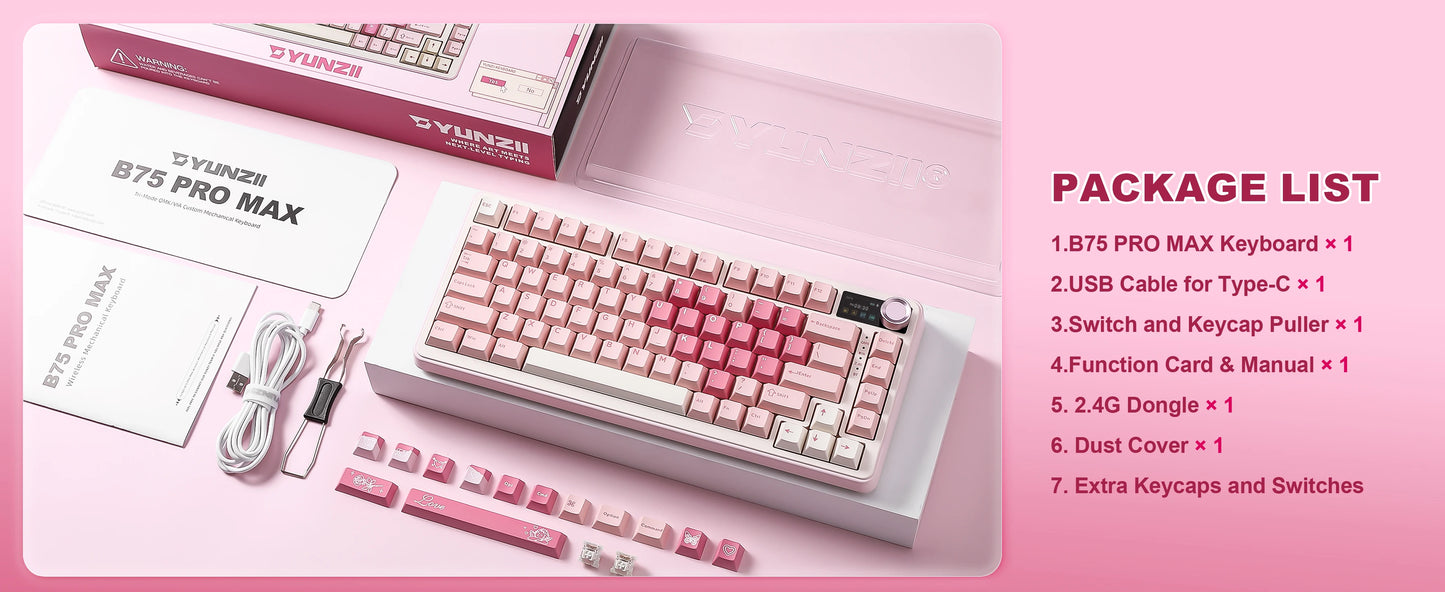 YUNZII B75 PRO MAX Wireless Mechanical Keyboard, QMK/VIA Custom 75% Gaming Keyboard with Screen&Knob, Creamy Sounds for Win/Mac