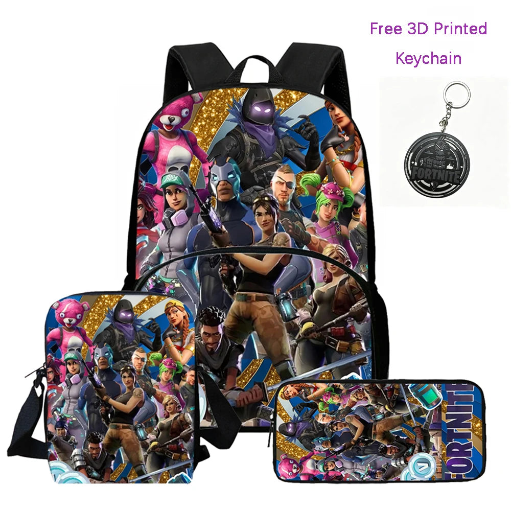 FORTNITE 3-Piece Lightweight Backpack Set with Front Pocket, Crossbody Bag & Pencil Case for Ages 5-10 Boys and Girls, Includes Free 3D Printed Keychain