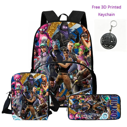 FORTNITE 3-Piece Lightweight Backpack Set with Front Pocket, Crossbody Bag & Pencil Case for Ages 5-10 Boys and Girls, Includes Free 3D Printed Keychain