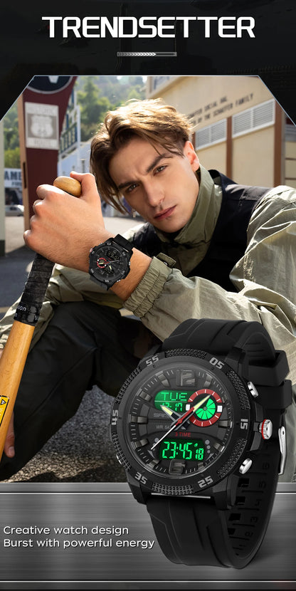 SANDA Fashion Luxury Men's Watches Dual Digital Display Sport Analog Quartz Man Wristwatch Casual Waterproof Silica Chronograph