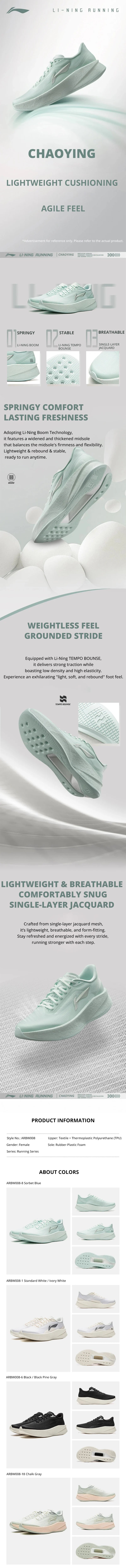 Li-Ning Women's CHAOYING Cushion Running Shoes BOOM Lightweight Rebound TEMPO BOUNCE Flexible Li-Ning Comfortable Sneakers ARBW008