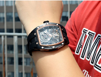 MINI FOCUS Orologio da polso da uomo fashion nero impermeabile, automatico meccanico, con lancette luminose, cinturino in silicone e quadrante tonneau