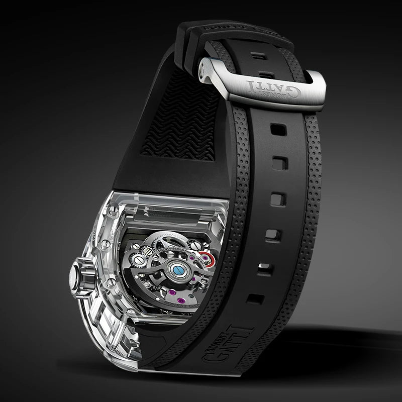 BONEST GATTI Luxury Men Automatic Tourbillon Watch Hollow Out Dial Crystal Case Sapphire Luminous Rubber Strap Wristwatch