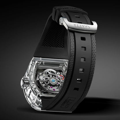 BONEST GATTI Luxury Men Automatic Tourbillon Watch Hollow Out Dial Crystal Case Sapphire Luminous Rubber Strap Wristwatch