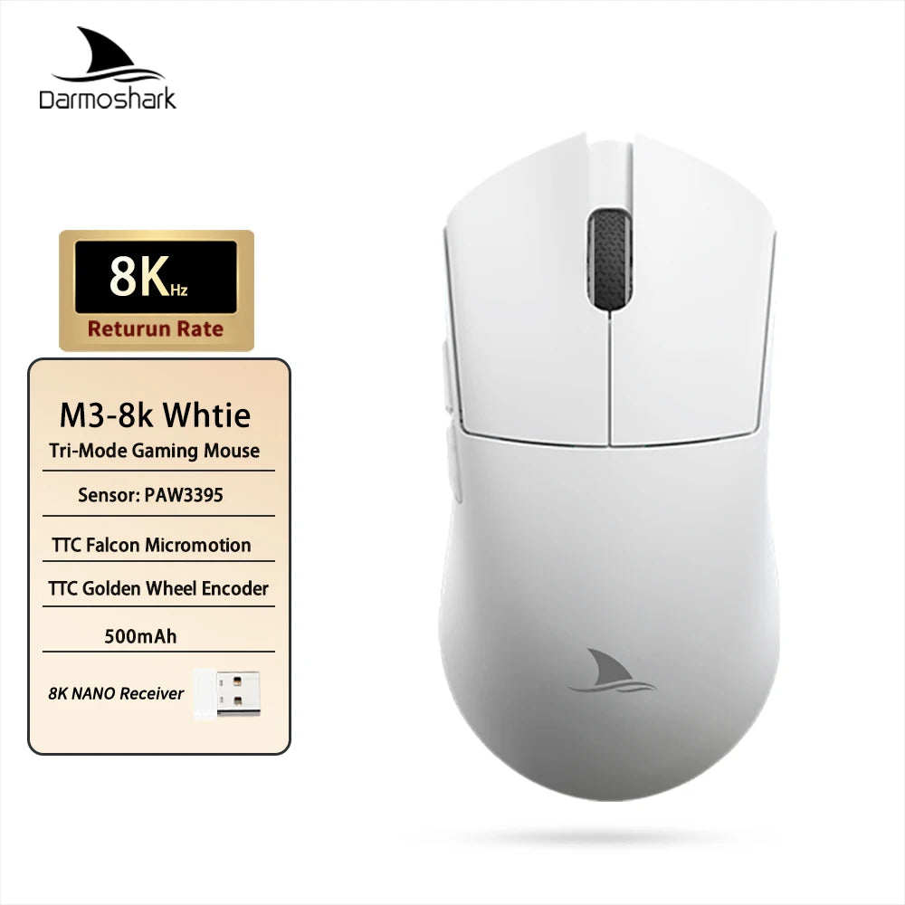 Mouse de gaming Darmoshark M3 V2 Double 8K, wireless, tri-mode, 26K DPI, senzor PAW3395, mouse macro pentru gaming, pentru mâini mari, computer, laptop și PC